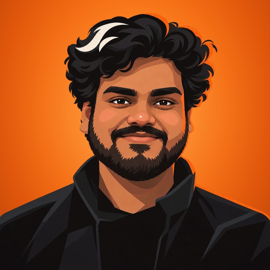Illustration of Ashish looking at you, on a warm orange backdrop